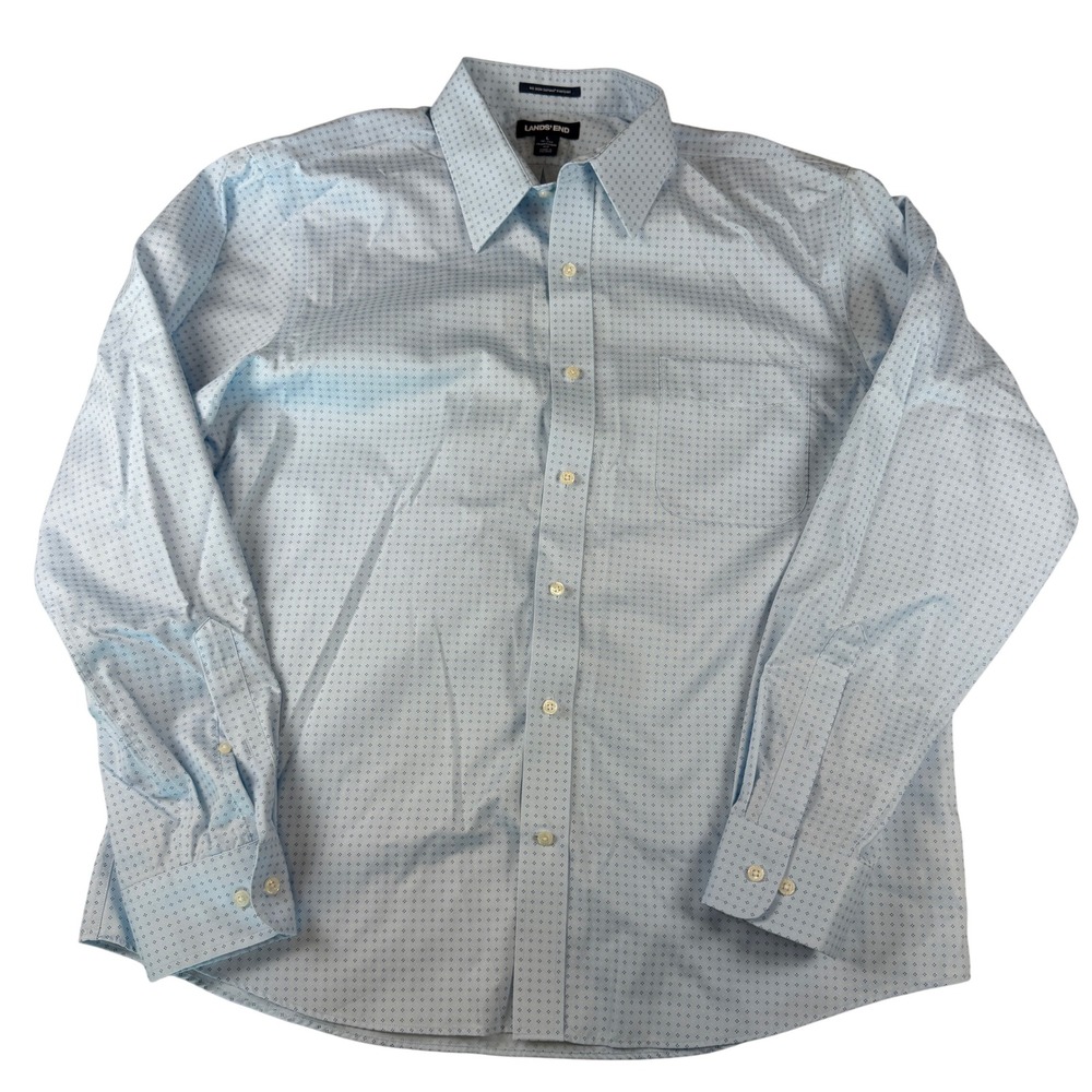 Lands End No Iron Supima Pinpoint Shirt Mens L 16-16.5 Blue Geometric Shirt